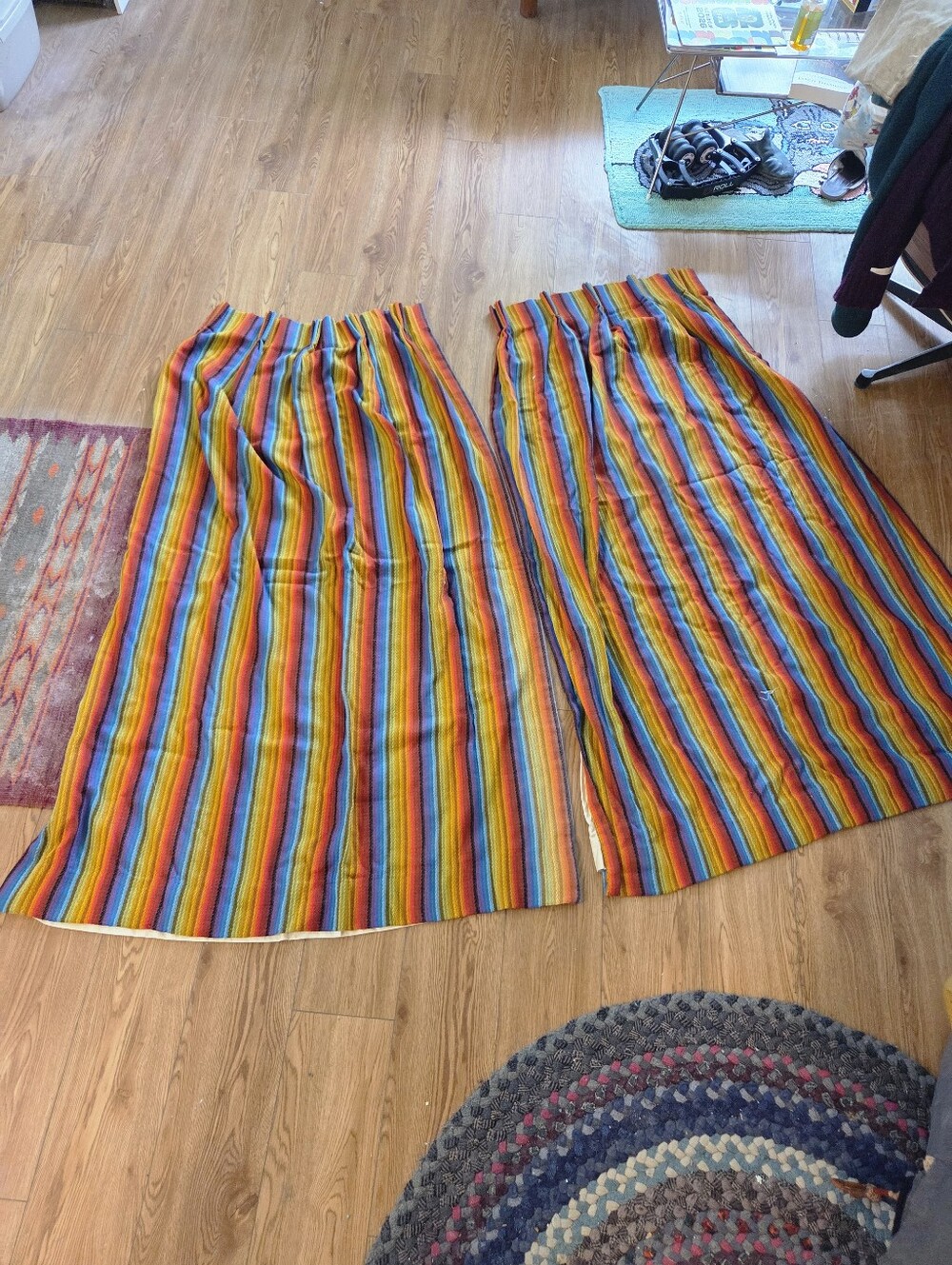 Vintage 70s Mid-Century Rainbow Stripe Woven Curtain Panels - Pair (5' x 2')